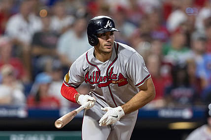 Sep 12, 2023; Philadelphia, Pennsylvania, USA; Atlanta Braves first baseman Matt Olson (28) hits a single during the seventh inning against the Philadelphia Phillies at Citizens Bank Park. Mandatory Credit: Bill Streicher-USA TODAY Sports