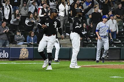 Sep 12, 2023; Chicago, Illinois, USA; Chicago White Sox designated hitter Eloy Jimenez (74) scores against the Kansas City Royals during the sixth inning at Guaranteed Rate Field. Mandatory Credit: Matt Marton-USA TODAY Sports