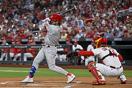 Sep 15, 2023; St. Louis, Missouri, USA;  Philadelphia Phillies first baseman Bryce Harper (3) drives in a run on a fielders choice against the St. Louis Cardinals during the first inning at Busch Stadium. Mandatory Credit: Jeff Curry-USA TODAY Sports