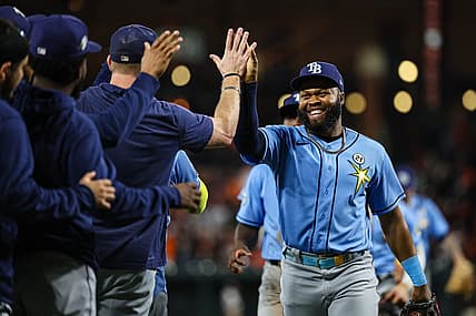 Sep 15, 2023; Baltimore, Maryland, USA; Tampa Bay Rays center fielder Manuel Margot (13) celebrates with teammates after the game against the Baltimore Orioles at Oriole Park at Camden Yards. Mandatory Credit: Scott Taetsch-USA TODAY Sports