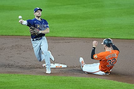 Sep 16, 2023; Baltimore, Maryland, USA;  Tampa Bay Rays second baseman Brandon Lowe (8) turns a double play with Baltimore Orioles first baseman Ryan O'Hearn (32) sliding into second base during the first inning at Oriole Park at Camden Yards. Mandatory Credit: Gregory Fisher-USA TODAY Sports