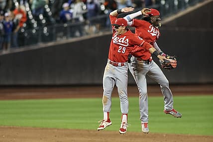 Sep 16, 2023; New York City, New York, USA; Cincinnati Reds center fielder TJ Friedl (29) and shortstop Elly De La Cruz (44) celebrate after defeating the New York Mets 3-2 at Citi Field. Mandatory Credit: Wendell Cruz-USA TODAY Sports