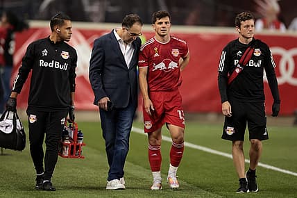 Sep 20, 2023; Harrison, New Jersey, USA; New York Red Bulls forward Dante Vanzeir (13) walks with medical staff in the first half against the Austin FC at Red Bull Arena. Mandatory Credit: Vincent Carchietta-USA TODAY Sports
