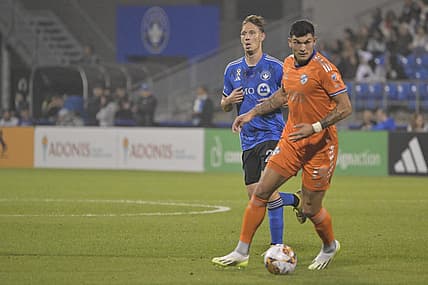 Sep 20, 2023; Montreal, Quebec, CAN; FC Cincinnati forward Brandon Vazquez (19) plays the ball in the second half against the CF Montreal  at Stade Saputo. Mandatory Credit: Eric Bolte-USA TODAY Sports