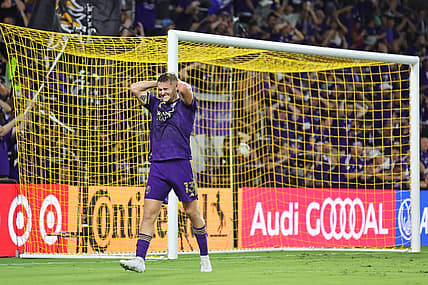 Sep 24, 2023; Orlando, Florida, USA; Orlando City forward Duncan McGuire (13) reacts during the first half against Inter Miami CF at Exploria Stadium. Mandatory Credit: Cory Knowlton-USA TODAY Sports