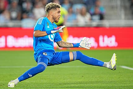 Sep 30, 2023; Saint Paul, Minnesota, USA; Minnesota United goalkeeper Dayne St. Clair (97) dives against the San Jose Earthquakes in the first half at Allianz Field. Mandatory Credit: Matt Blewett-USA TODAY Sports