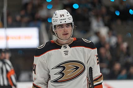 Apr 26, 2022; San Jose, California, USA;  Anaheim Ducks defenseman Jamie Drysdale (34) during the second period against the San Jose Sharks at SAP Center at San Jose. Mandatory Credit: Stan Szeto-USA TODAY Sports