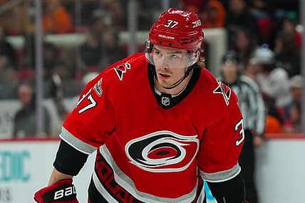 Mar 9, 2023; Raleigh, North Carolina, USA;  Carolina Hurricanes right wing Andrei Svechnikov (37) looks on against the Philadelphia Flyers during the first period at PNC Arena. Mandatory Credit: James Guillory-USA TODAY Sports