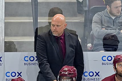Mar 16, 2023; Tempe, Arizona, USA;  Arizona Coyotes head coach Andre Tourigny looks on in the first period against the Vancouver Canucks at Mullett Arena. Mandatory Credit: Matt Kartozian-USA TODAY Sports