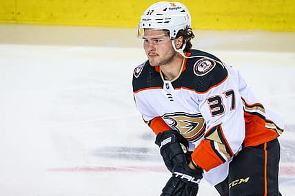 Apr 2, 2023; Calgary, Alberta, CAN; Anaheim Ducks center Mason McTavish (37) skates during the warmup period against the Calgary Flames at Scotiabank Saddledome. Mandatory Credit: Sergei Belski-USA TODAY Sports
