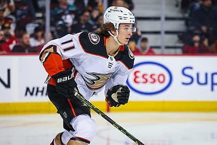 Apr 2, 2023; Calgary, Alberta, CAN; Anaheim Ducks center Trevor Zegras (11) skates against the Calgary Flames during the first period at Scotiabank Saddledome. Mandatory Credit: Sergei Belski-USA TODAY Sports