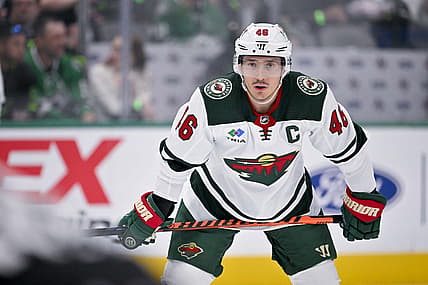 Apr 17, 2023; Dallas, Texas, USA; Minnesota Wild defenseman Jared Spurgeon (46) in action during the game between the Dallas Stars and the Minnesota Wild in game one of the first round of the 2023 Stanley Cup Playoffs at the American Airlines Center. Mandatory Credit: Jerome Miron-USA TODAY Sports