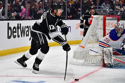 Apr 23, 2023; Los Angeles, California, USA; Los Angeles Kings right wing Gabriel Vilardi (13) passes the puck as Edmonton Oilers goaltender Jack Campbell (36) defends the goal during the second period in game four of the first round of the 2023 Stanley Cup Playoffs at Crypto.com Arena. Mandatory Credit: Gary A. Vasquez-USA TODAY Sports