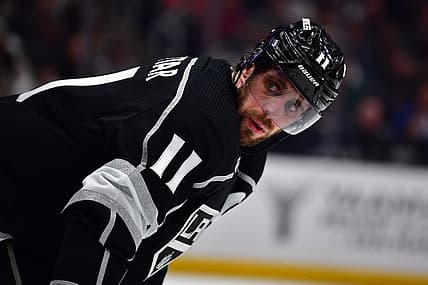 Apr 29, 2023; Los Angeles, California, USA; Los Angeles Kings center Anze Kopitar (11) reacts during the third period in game six of the first round of the 2023 Stanley Cup Playoffs at Crypto.com Arena. Mandatory Credit: Gary A. Vasquez-USA TODAY Sports