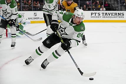 May 27, 2023; Las Vegas, Nevada, USA; Dallas Stars center Roope Hintz (24) skates with the puck against the Vegas Golden Knights during the second period in game five of the Western Conference Finals of the 2023 Stanley Cup Playoffs at T-Mobile Arena. Mandatory Credit: Stephen R. Sylvanie-USA TODAY Sports