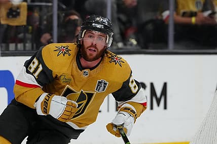 Jun 13, 2023; Las Vegas, Nevada, USA; Vegas Golden Knights forward Jonathan Marchessault (81) skates against the Florida Panthers during the second period in game five of the 2023 Stanley Cup Final at T-Mobile Arena. Mandatory Credit: Stephen R. Sylvanie-USA TODAY Sports