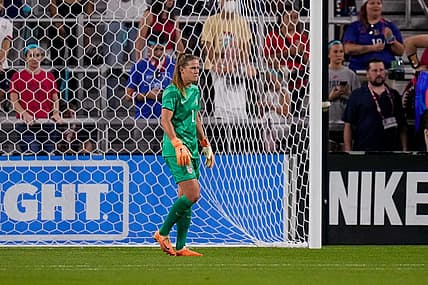United States goalkeeper Alyssa Naeher (1) stands in position in the first half of the Woman   s Soccer International Friendly match between the United States National Teams and the South Africa at TQL Stadium in Cincinnati on Thursday, Sept. 21, 2023. USA led 3-0 at halftime.