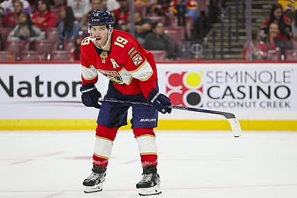 Sep 25, 2023; Sunrise, Florida, USA; Florida Panthers forward Matthew Tkachuk (19) looks on against the Nashville Predators during the first period at Amerant Bank Arena. Mandatory Credit: Sam Navarro-USA TODAY Sports