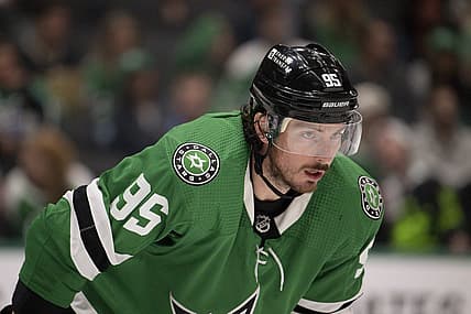 Sep 26, 2023; Dallas, Texas, USA; Dallas Stars center Matt Duchene (95) in action during the game between the Dallas Stars and the Minnesota Wild at the American Airlines Center. Mandatory Credit: Jerome Miron-USA TODAY Sports