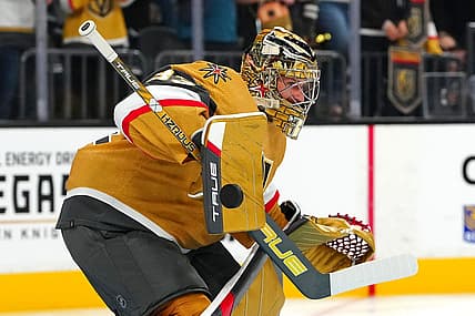 Sep 27, 2023; Las Vegas, Nevada, USA; Vegas Golden Knights goaltender Adin Hill (33) warms up before a preseason game against the Los Angeles Kings at T-Mobile Arena. Mandatory Credit: Stephen R. Sylvanie-USA TODAY Sports