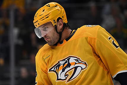 Sep 27, 2023; Nashville, Tennessee, USA; Nashville Predators defenseman Luke Schenn (2) after a play during the second period against the Tampa Bay Lightning at Bridgestone Arena. Mandatory Credit: Christopher Hanewinckel-USA TODAY Sports