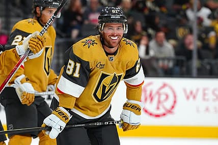 Sep 27, 2023; Las Vegas, Nevada, USA; Vegas Golden Knights right wing Jonathan Marchessault (81) looks towards Vegas Golden Knights defenseman Alex Pietrangelo (7) before taking a face off against the Los Angeles Kings during the third period at T-Mobile Arena. Mandatory Credit: Stephen R. Sylvanie-USA TODAY Sports