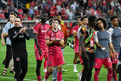 Sep 30, 2023; St. Louis, Missouri, USA; St. Louis City players applaud the home crowd after a 4-1 victory against Sporting Kansas City at CITYPARK. Mandatory Credit: Joe Puetz-USA TODAY Sports