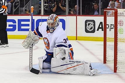 Oct 2, 2023; Newark, New Jersey, USA; New York Islanders goaltender Ilya Sorokin (30) makes a save against the New Jersey Devils during the second period at Prudential Center. Mandatory Credit: Ed Mulholland-USA TODAY Sports