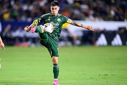 Sep 30, 2023; Carson, California, USA; Portland Timbers forward Felipe Mora (9) handles the ball during the first half at Dignity Health Sports Park. Mandatory Credit: Kelvin Kuo-USA TODAY Sports