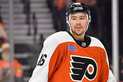 Oct 2, 2023; Philadelphia, Pennsylvania, USA; Philadelphia Flyers right wing Bobby Brink (46) against the Boston Bruins at Wells Fargo Center. Mandatory Credit: Eric Hartline-USA TODAY Sports