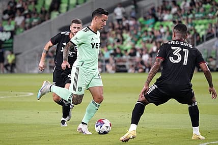 Oct 4, 2023; Austin, Texas, USA; Austin FC midfielder Sebastian Driussi (10) kicks the ball in the first half of the game against D.C. United at Q2 Stadium. Mandatory Credit: Scott Wachter-USA TODAY Sports