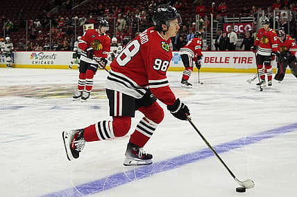 Oct 5, 2023; Chicago, Illinois, USA; Chicago Blackhawks center Connor Bedard (98) warms up before the game against the Minnesota Wild at United Center. Mandatory Credit: David Banks-USA TODAY Sports