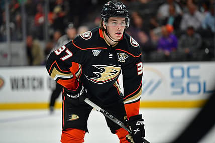 Oct 5, 2023; Anaheim, California, USA; Anaheim Ducks center Leo Carlsson (37) against the Arizona Coyotes during the second period at Honda Center. Mandatory Credit: Gary A. Vasquez-USA TODAY Sports