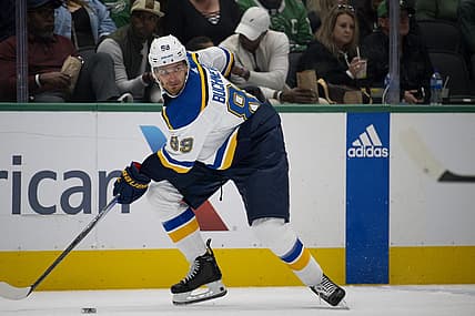 Oct 5, 2023; Dallas, Texas, USA; St. Louis Blues left wing Pavel Buchnevich (89) in action during the game between the Dallas Stars and the St. Louis Blues at the American Airlines Center. Mandatory Credit: Jerome Miron-USA TODAY Sports