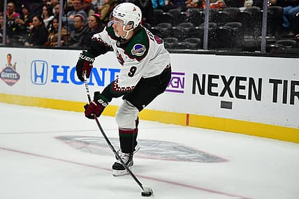 Oct 5, 2023; Anaheim, California, USA; Arizona Coyotes right wing Clayton Keller (9) moves the puck against the Anaheim Ducks during the third period at Honda Center. Mandatory Credit: Gary A. Vasquez-USA TODAY Sports