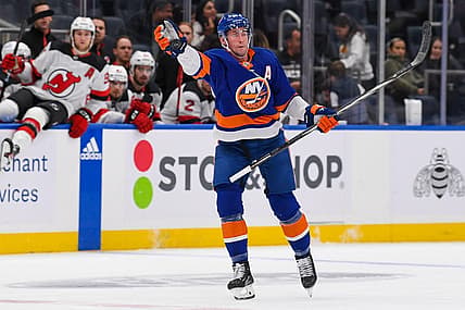 Oct 6, 2023; Elmont, New York, USA; New York Islanders Center Brock Nelson (29) catches the puck New Jersey Devils during the first period at UBS Arena. Mandatory Credit: Dennis Schneidler-USA TODAY Sports