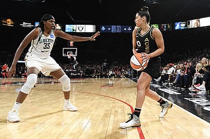 Oct 8, 2023; Las Vegas, Nevada, USA; New York Liberty forward Jonquel Jones (35) defends against Las Vegas Aces guard Kelsey Plum (10) in the second half during game one of the 2023 WNBA Finals at Michelob Ultra Arena. Mandatory Credit: Candice Ward-USA TODAY Sports