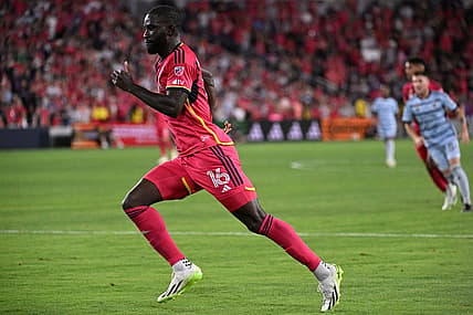 Sep 30, 2023; St. Louis, Missouri, USA; St. Louis City forward Samuel Adeniran (16) runs against Sporting Kansas City in the second half at CITYPARK. Mandatory Credit: Joe Puetz-USA TODAY Sports