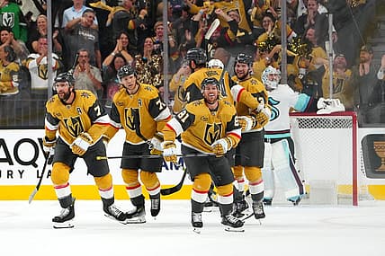 Oct 10, 2023; Las Vegas, Nevada, USA; Vegas Golden Knights right wing Jonathan Marchessault (81) skates back to the bench after scoring a goal against the Seattle Kraken during the first period at T-Mobile Arena. Mandatory Credit: Stephen R. Sylvanie-USA TODAY Sports