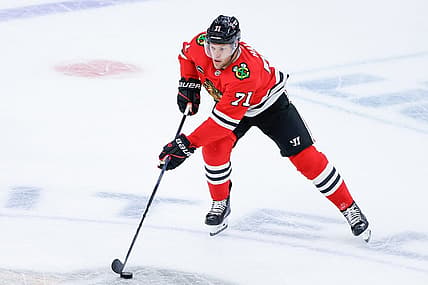 Oct 3, 2023; Chicago, Illinois, USA; Chicago Blackhawks left wing Taylor Hall (71) controls the puck against the Detroit Red Wings during the second period of a preseason hockey game at United Center. Mandatory Credit: Kamil Krzaczynski-USA TODAY Sports