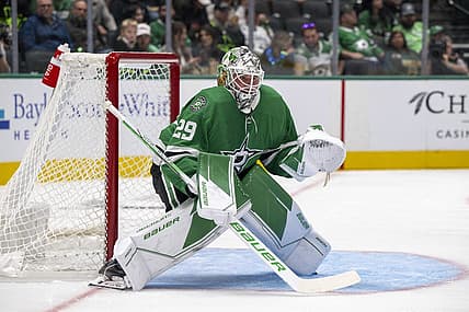 Oct 12, 2023; Dallas, Texas, USA; Dallas Stars goaltender Jake Oettinger (29) faces the St. Louis Blues attack during the first period at the American Airlines Center. Mandatory Credit: Jerome Miron-USA TODAY Sports