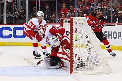 Oct 12, 2023; Newark, New Jersey, USA; New Jersey Devils center Jack Hughes (86) scores a goal against the Detroit Red Wings during the second period at Prudential Center. Mandatory Credit: Ed Mulholland-USA TODAY Sports