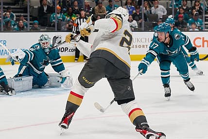 Oct 12, 2023; San Jose, California, USA; Vegas Golden Knights right wing Michael Amadio (22) scores a goal against the San Jose Sharks during the first period at SAP Center at San Jose. Mandatory Credit: Robert Edwards-USA TODAY Sports