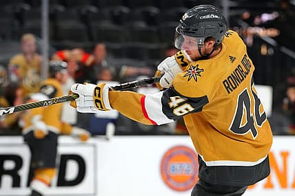 Oct 14, 2023; Las Vegas, Nevada, USA; Vegas Golden Knights right wing Jonas Rondbjerg (46) warms up before a game against the Anaheim Ducks at T-Mobile Arena. Mandatory Credit: Stephen R. Sylvanie-USA TODAY Sports