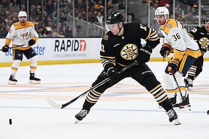 Oct 14, 2023; Boston, Massachusetts, USA; Boston Bruins center Charlie Coyle (13) controls the puck against Nashville Predators left wing Cole Smith (36) during the third period at the TD Garden. Mandatory Credit: Brian Fluharty-USA TODAY Sports