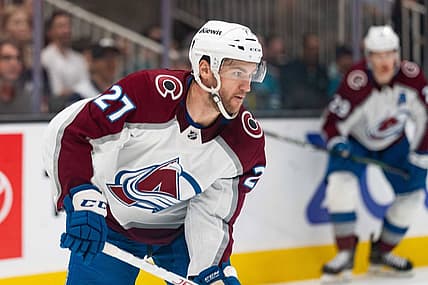 Oct 14, 2023; San Jose, California, USA; Colorado Avalanche left wing Jonathan Drouin (27) during the third period against the San Jose Sharks at SAP Center at San Jose. Mandatory Credit: Stan Szeto-USA TODAY Sports