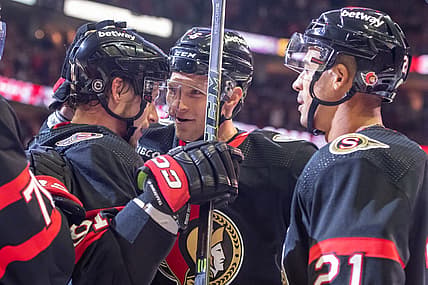 Oct 15, 2023; Ottawa, Ontario, CAN; Ottawa Senators right wing Vladimir Tarasenko (91) celebrates with team his goal scored against the Tampa Bay Lightning in the first period at the Canadian Tire Centre. Mandatory Credit: Marc DesRosiers-USA TODAY Sports
