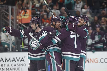 Oct 15, 2023; Anaheim, California, USA; Anaheim Ducks right wing Frank Vatrano (77) celebrates with Anaheim Ducks center Ryan Strome (16) after scoring a goal during the second period at Honda Center. Mandatory Credit: Yannick Peterhans-USA TODAY Sports