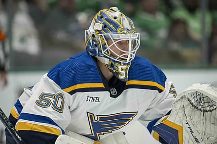 Oct 12, 2023; Dallas, Texas, USA; St. Louis Blues goaltender Jordan Binnington (50) in action during the game between the Dallas Stars and the St. Louis Blues  at the American Airlines Center. Mandatory Credit: Jerome Miron-USA TODAY Sports