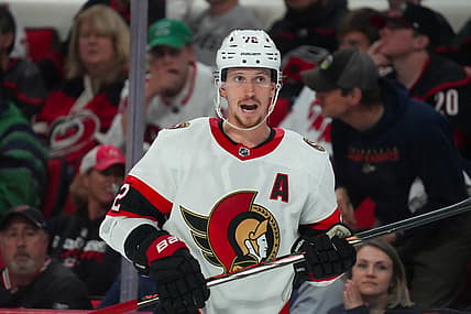 Oct 11, 2023; Raleigh, North Carolina, USA;  Ottawa Senators defenseman Thomas Chabot (72) reacts against the Carolina Hurricanes during the second period at PNC Arena. Mandatory Credit: James Guillory-USA TODAY Sports